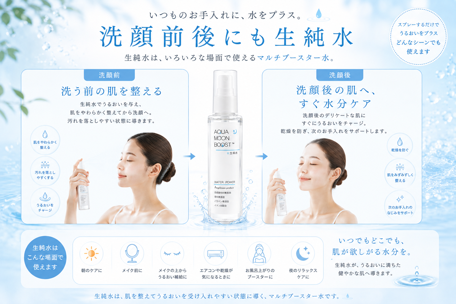 洗顔前後に生純水を使う水分ケア